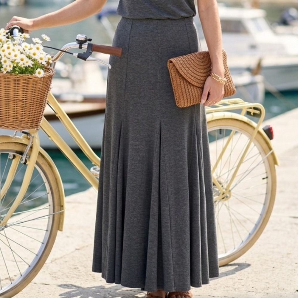 Sundance Gray Heather Knit Godet Maxi Skirt Size Small Stretch Flared Long Hem